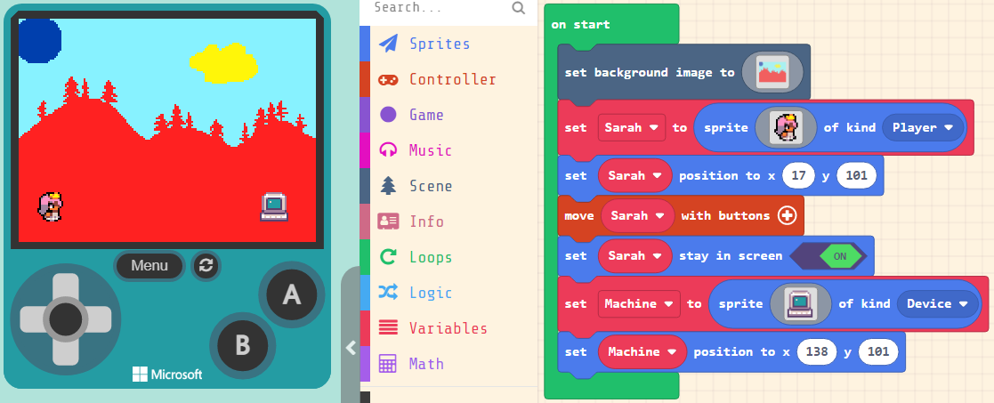 Screenshot of blocks showing all the code so far, plus the emulator showing the position of the sprites